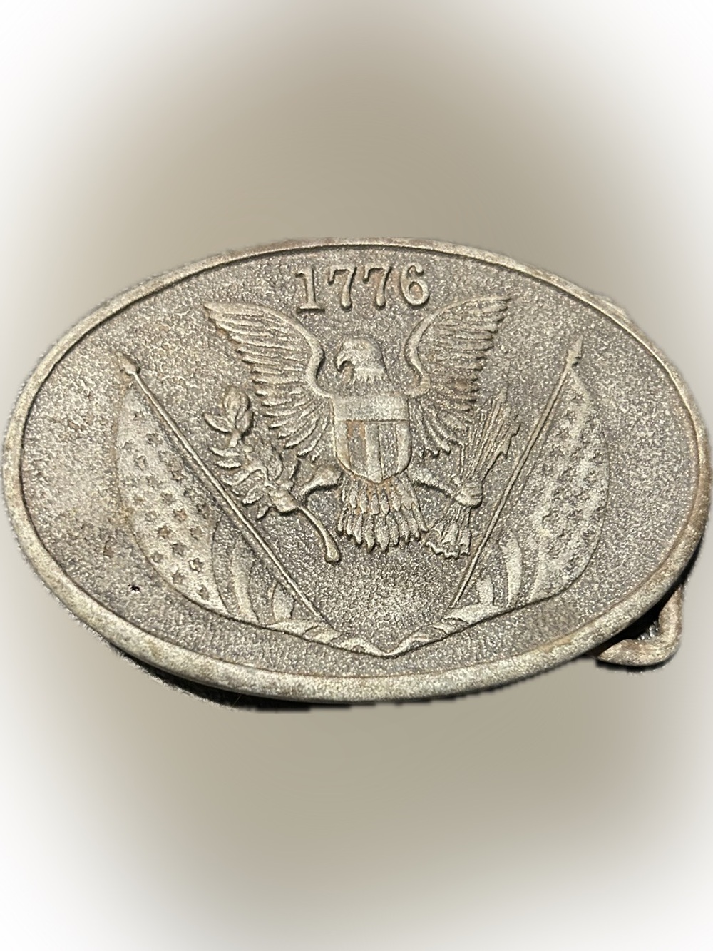 vintage 1776 American Revolution patriotic belt buckle manufactured by BTS